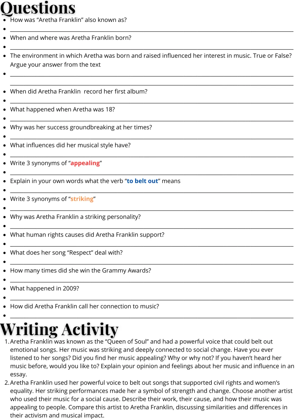 Aretha Franklin questions: students answer 16 comprehension and vocabulary items, then choose one of two essay prompts