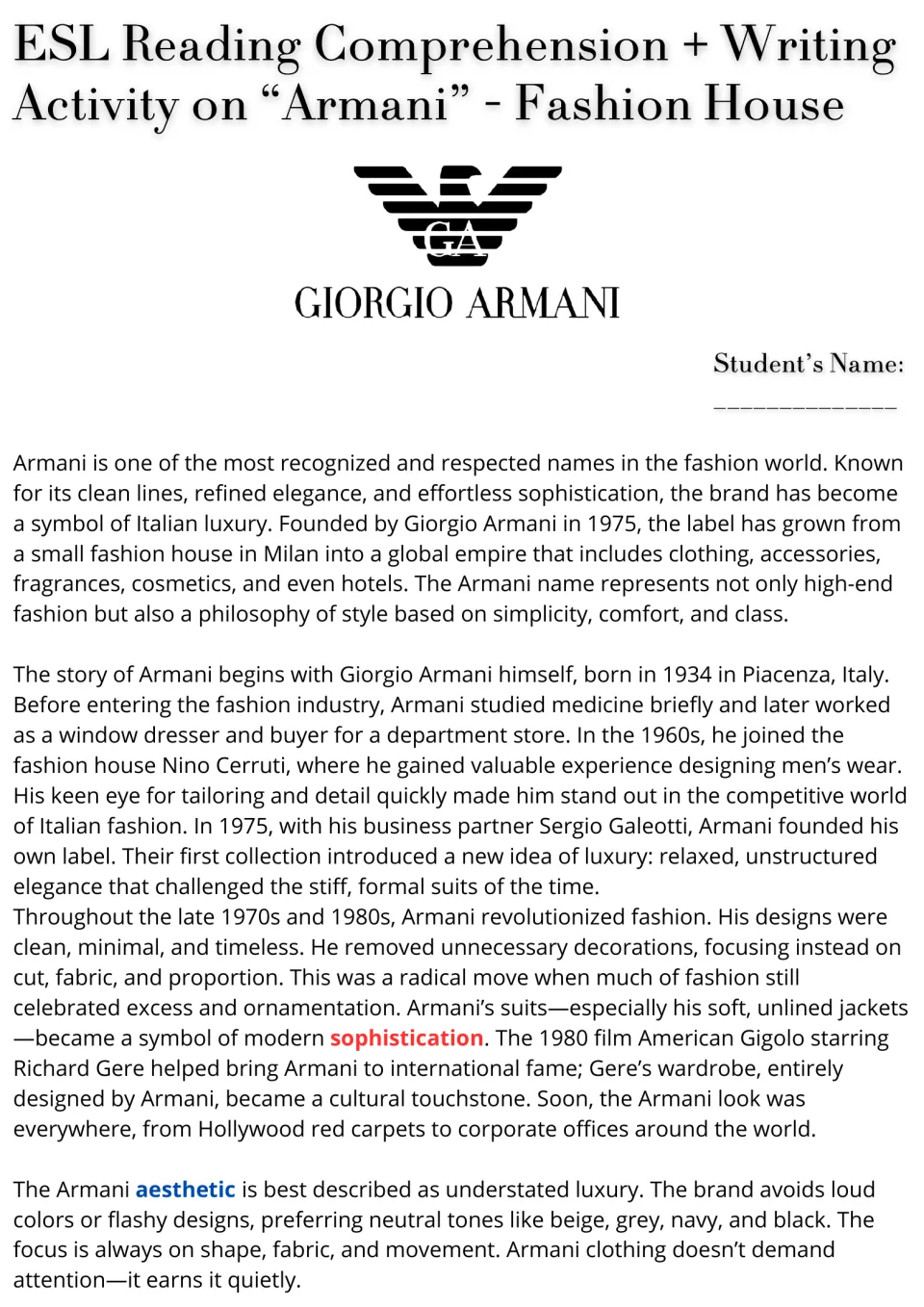 Armani reading passage, part 1: the brand's founding, Giorgio Armani's early career, suits, and style.