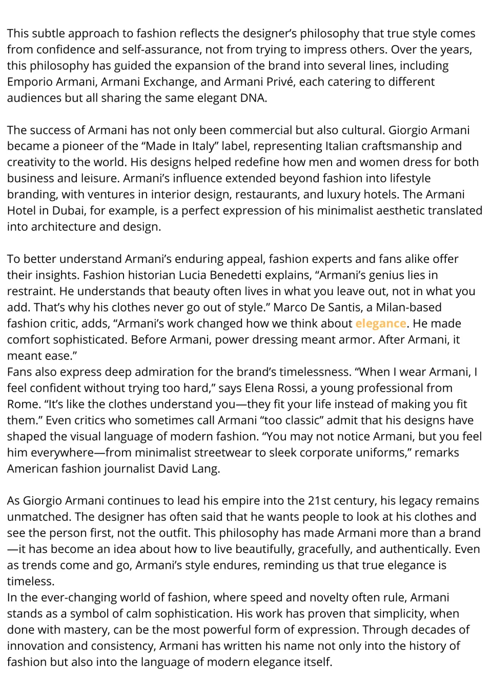 Armani reading passage, part 2: brand expansion, Italian craftsmanship, expert opinions, and legacy.