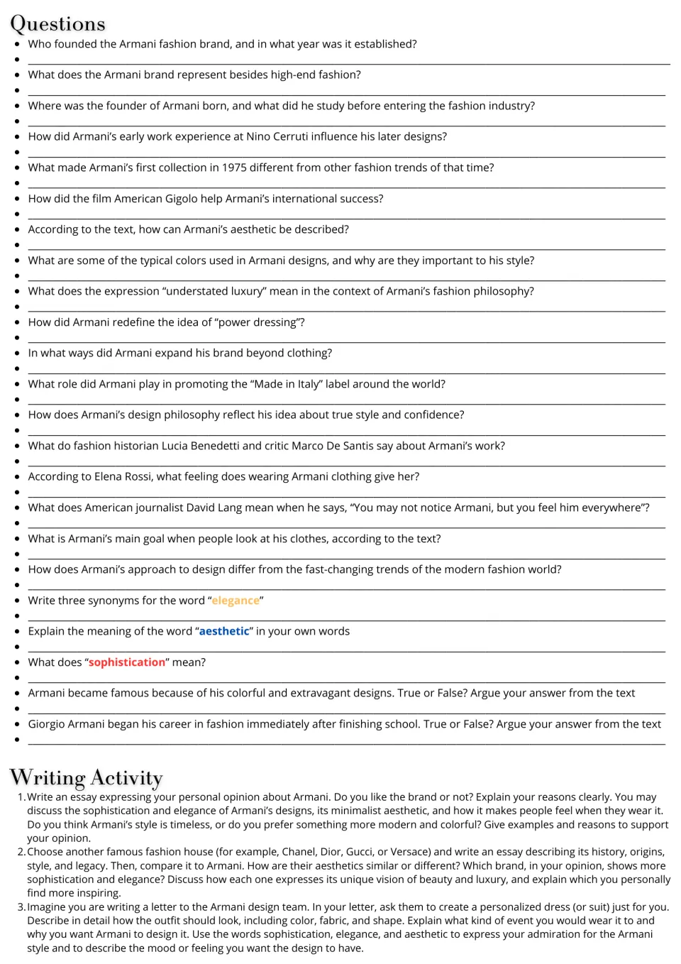 Armani follow-up tasks: 23 comprehension and vocabulary questions plus three essay and letter prompts.