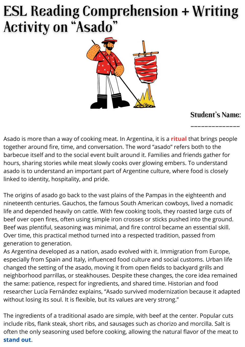 Opening reading passage on asado: Argentine traditions, gaucho origins, urban changes, and ingredients