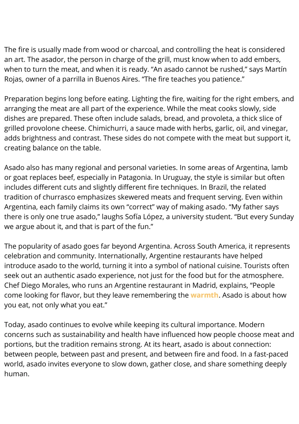 Reading passage continuation: asado fire control, side dishes, regional varieties, and cultural meaning