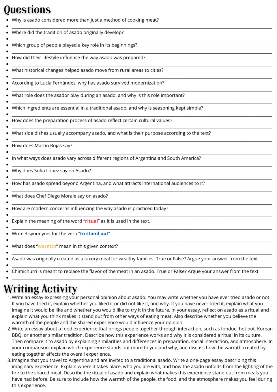 Asado follow-up: 21 comprehension and vocabulary questions plus three essay prompts about shared meals