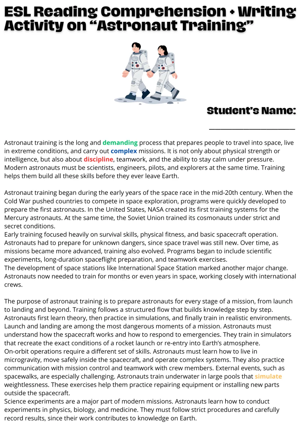 Astronaut training reading passage on space race history, mission stages and spacewalks, with vocabulary words in color