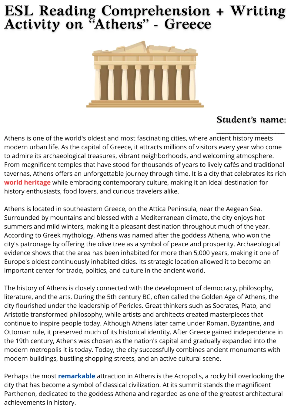 Athens reading passage, part 1: location, mythology, ancient history, the Acropolis, and the Parthenon.