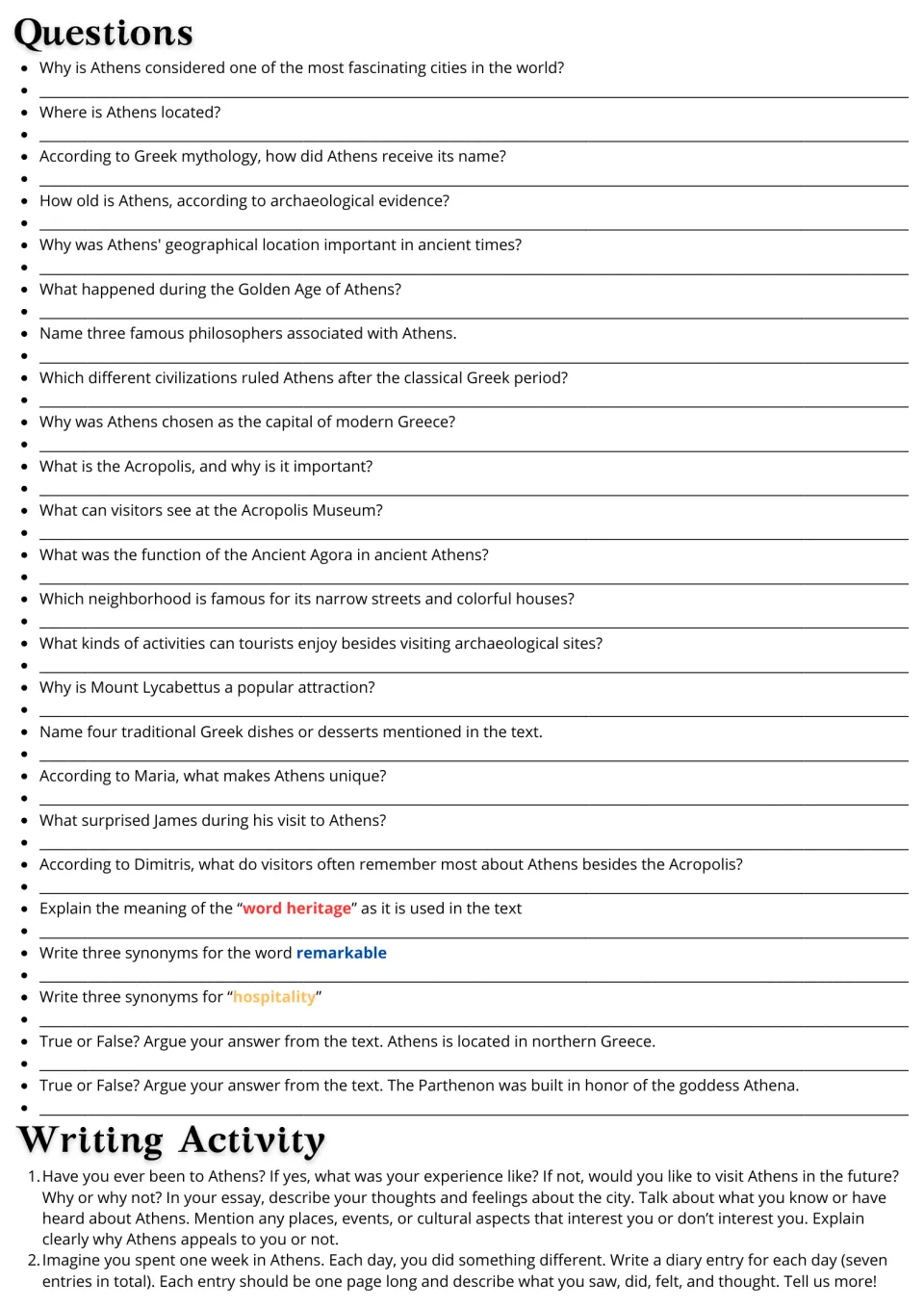 Athens reading response: 24 comprehension and vocabulary questions, an essay prompt, and a seven-day diary task.