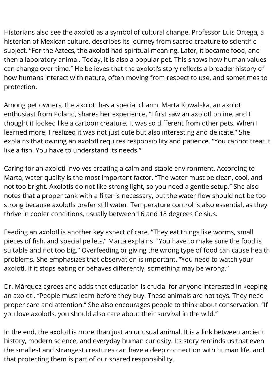 Axolotl reading passage, part 2: cultural roles, pet care, feeding, and conservation responsibilities.