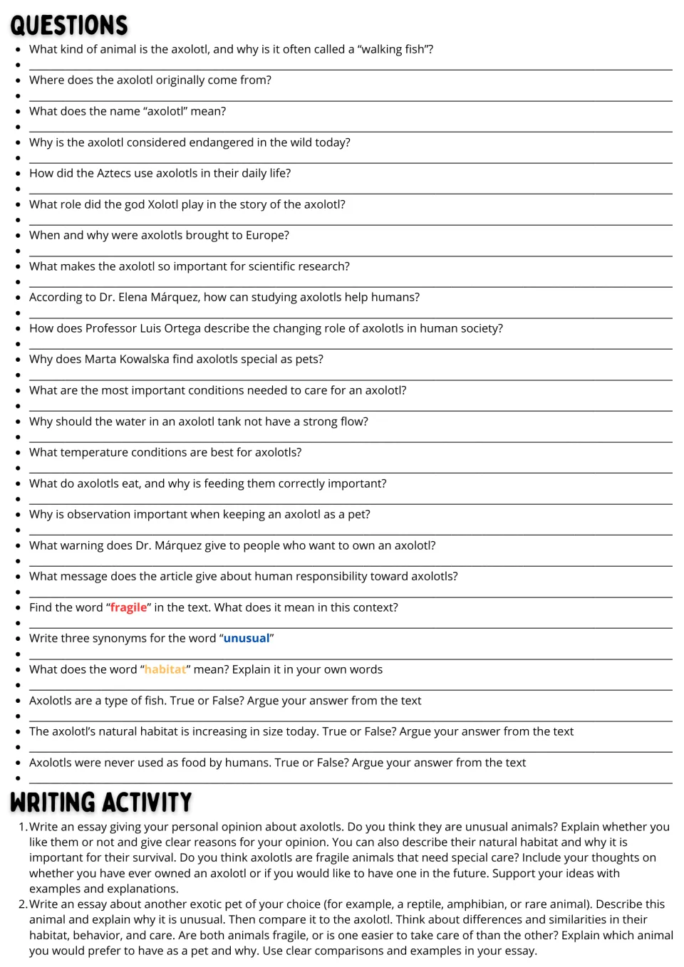 Axolotl response activities: 24 comprehension and vocabulary questions plus two essay writing prompts.