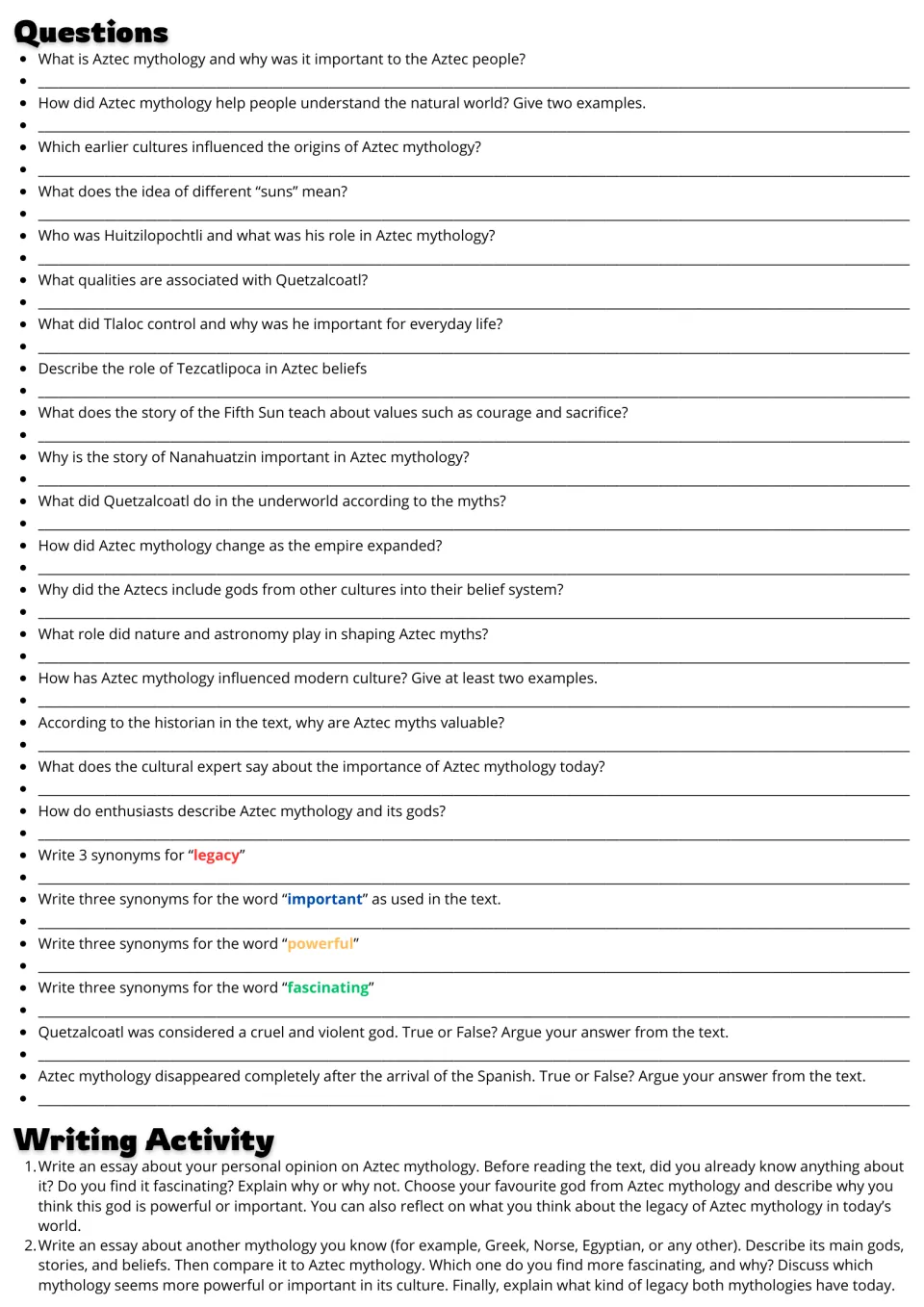 Aztec myths: students answer 24 comprehension, synonym and true/false questions, then write an opinion or comparison essay
