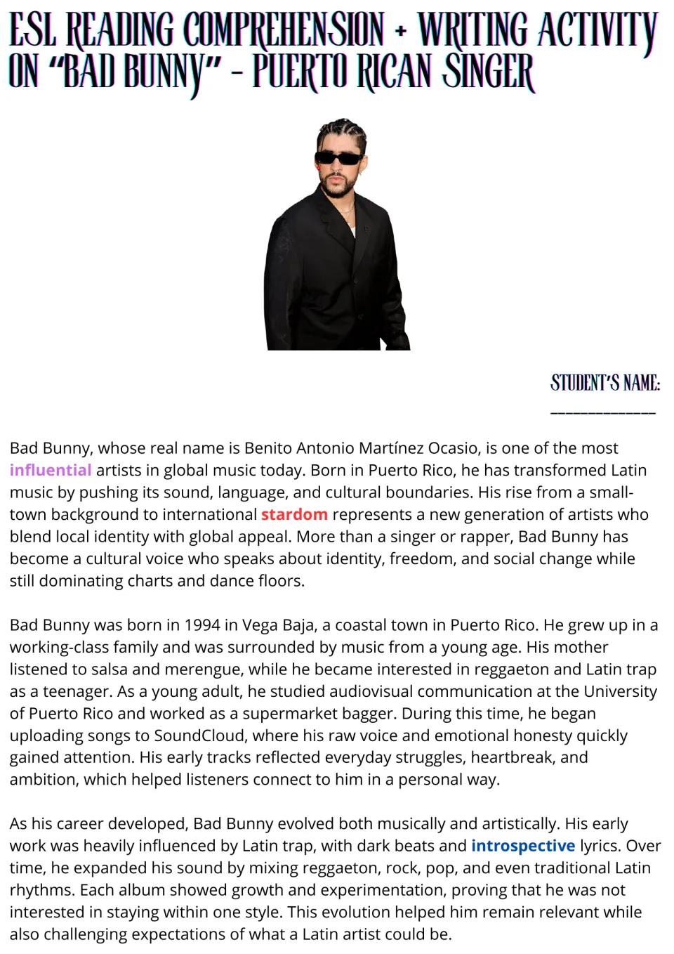 Bad Bunny reading passage, part 1: Puerto Rican roots, early life, SoundCloud beginnings, and musical growth