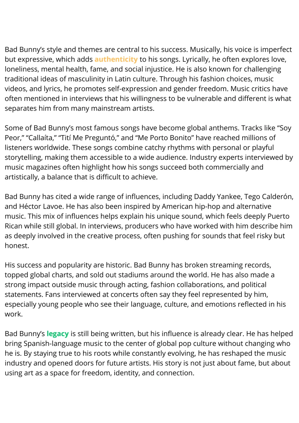 Bad Bunny reading passage, part 2: musical style, song titles, influences, global success, and legacy