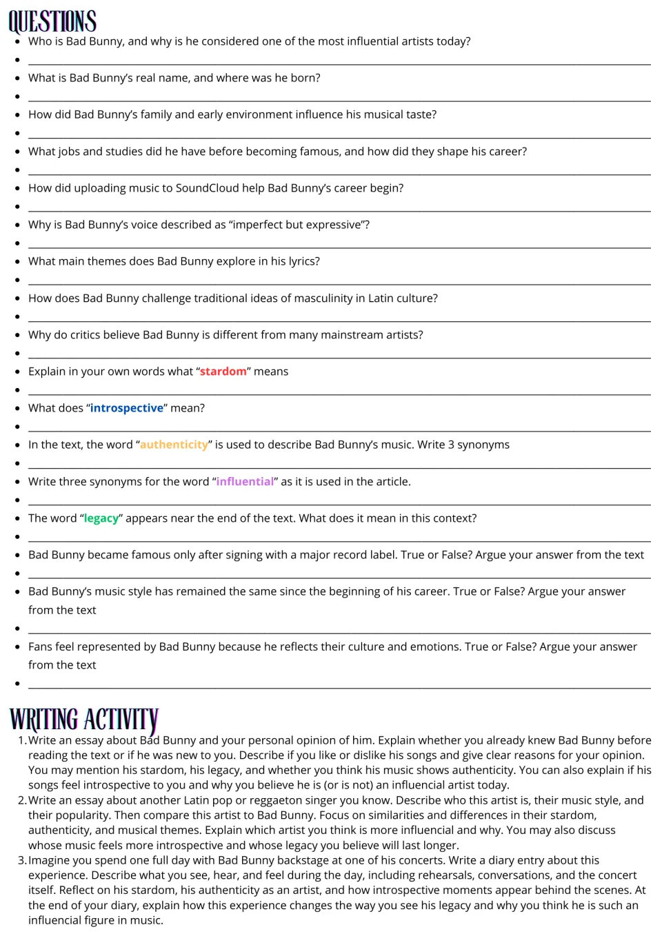 Bad Bunny follow-up: 17 comprehension and vocabulary questions plus three essay and diary writing prompts