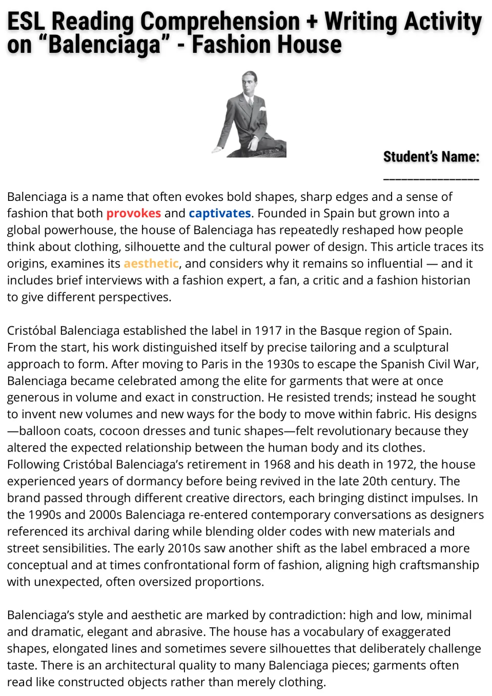 Opening reading passage on Balenciaga's founding in 1917, history, sculptural designs, and aesthetic.