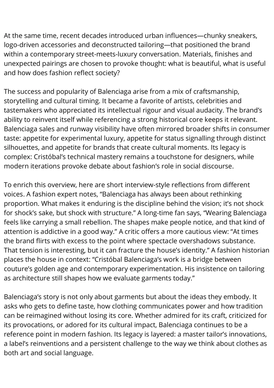 Reading passage continuation on Balenciaga's popularity, legacy, and four interview-style perspectives.