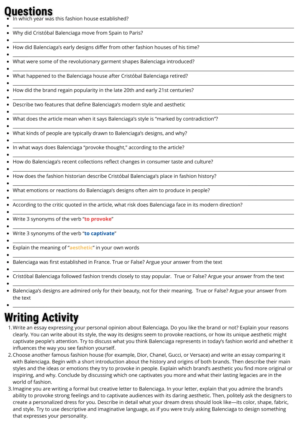Follow-up worksheet with 20 comprehension and vocabulary questions and three Balenciaga writing prompts.