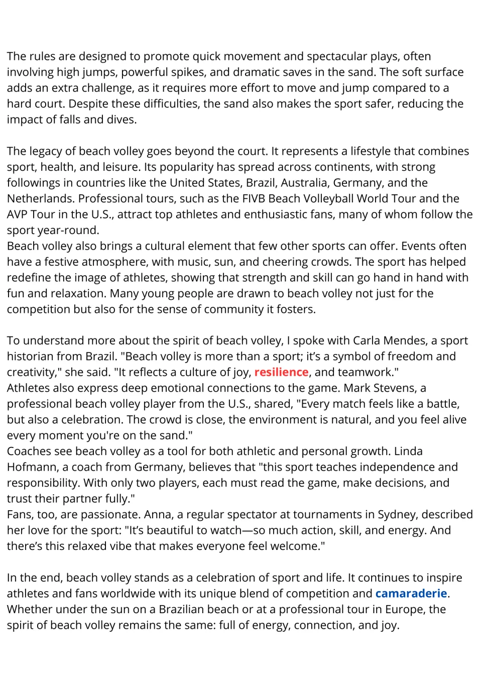 Beach volley passage, part 2: students read about sand play, its culture and quotes from historian, player, coach and fan