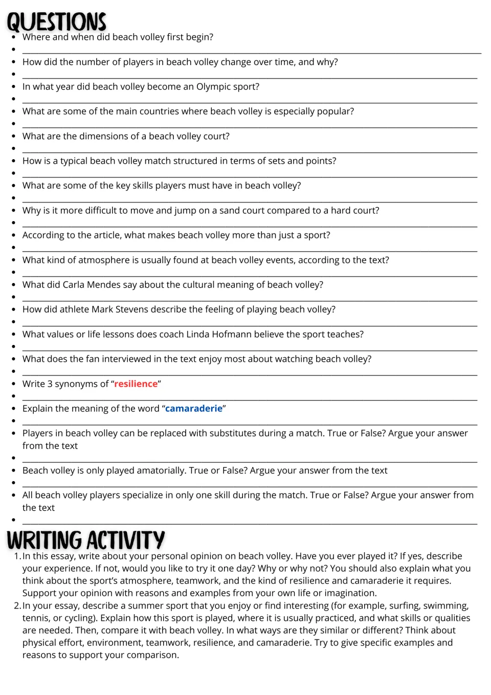 Beach volley questions: students answer 19 items, define resilience and camaraderie, argue true/false and write an essay