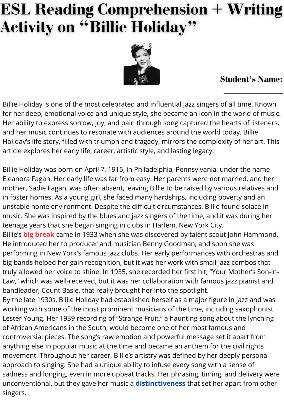 Billie Holiday reading article, part 1: students read about her childhood, big break in 1933 and the song Strange Fruit