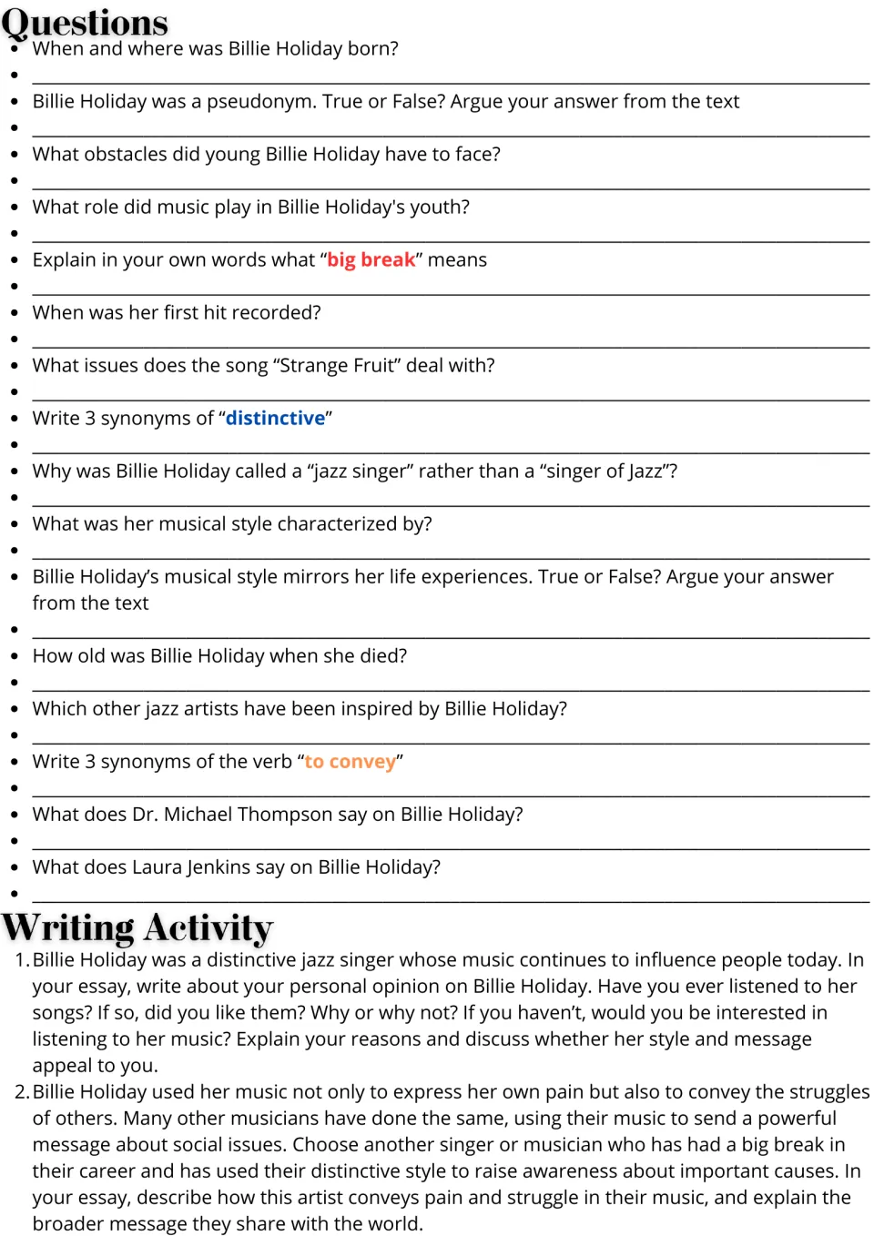 Billie Holiday questions: students answer 16 comprehension, true/false and synonym items, then write one of two essays