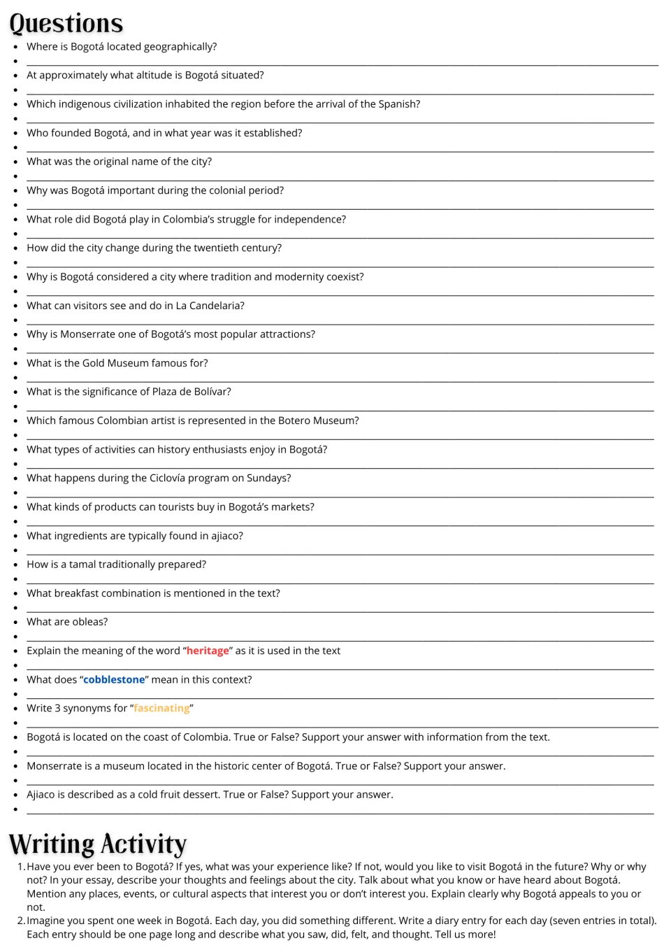 Bogotá follow-up: 27 comprehension and vocabulary questions, an opinion essay prompt, and a seven-day diary task.