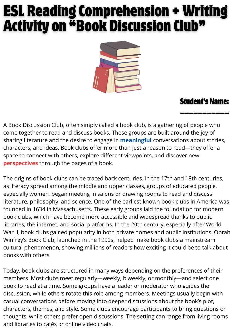 Reading passage, part 1: book club origins, history, meeting schedules, book selection, and discussion roles.