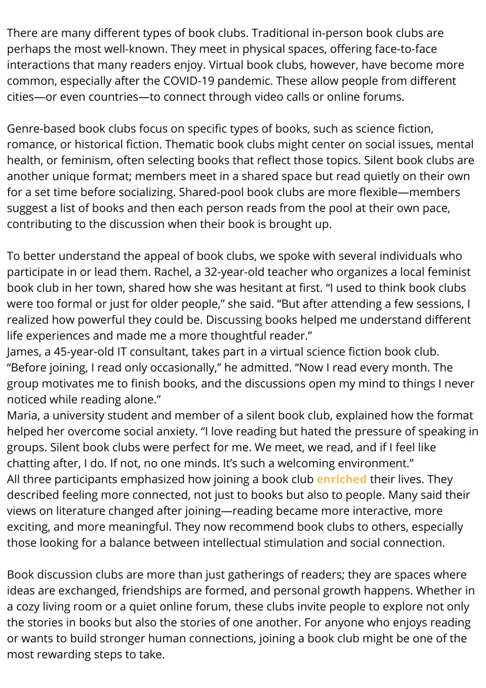 Reading passage, part 2: types of book clubs and experiences shared by members Rachel, James, and Maria.