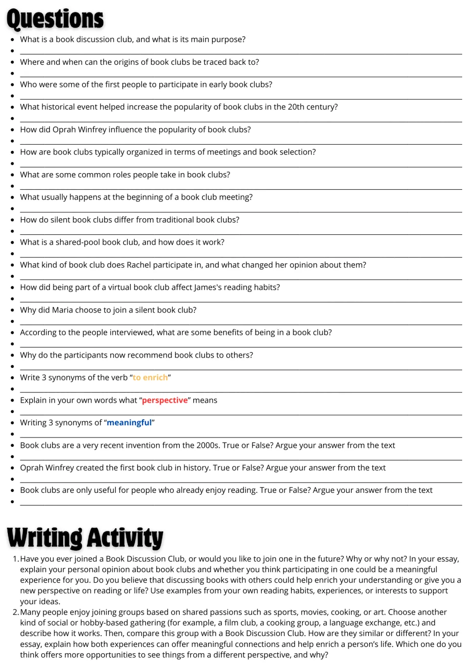 Follow-up activities: 21 comprehension and vocabulary questions plus two essay prompts about book clubs.