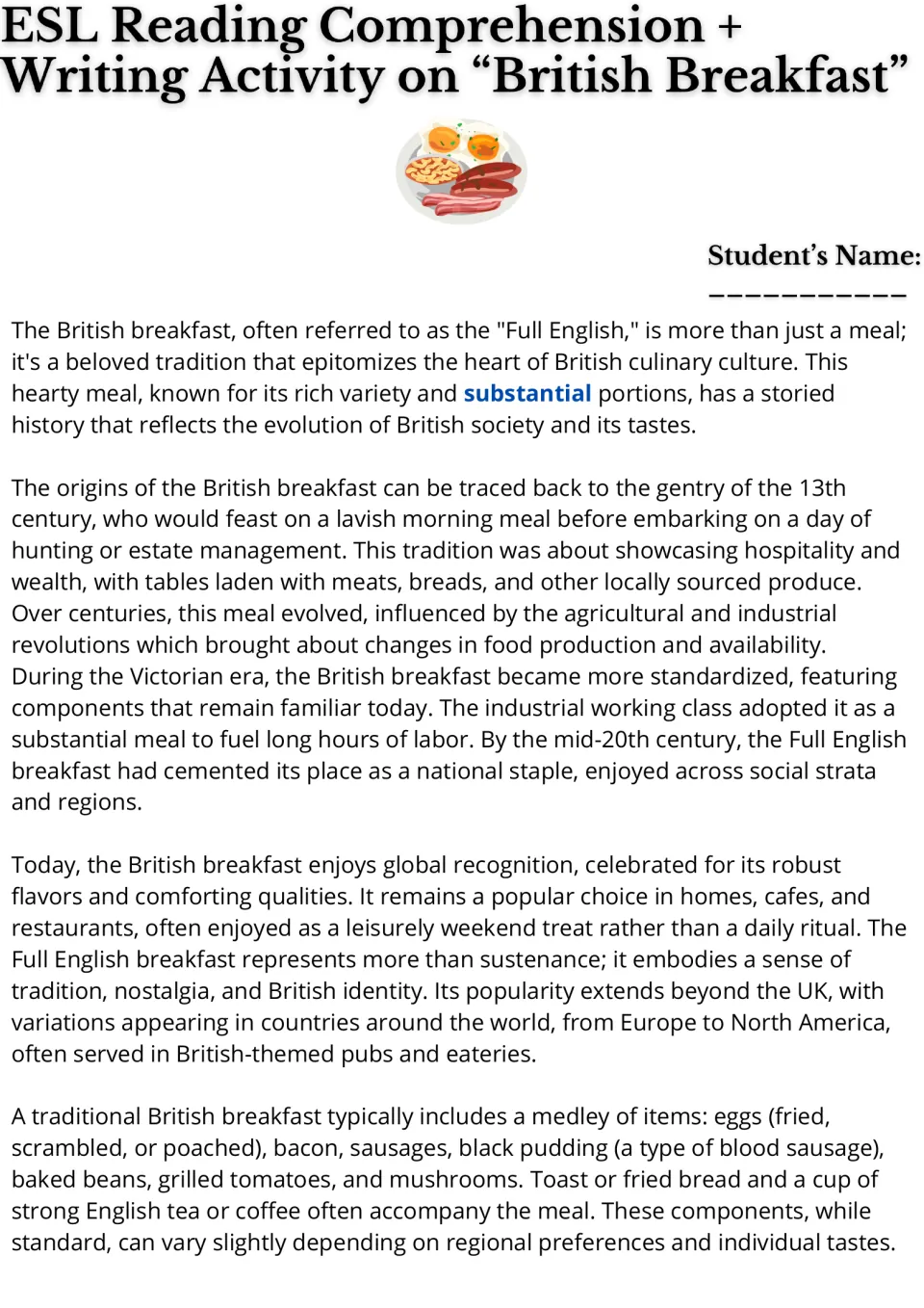 Reading passage opening: British breakfast history, cultural significance, and traditional Full English foods.
