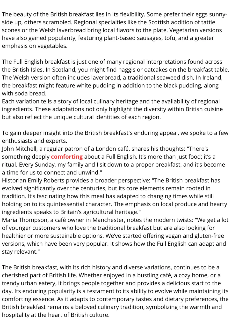 Reading passage continuation: regional breakfast variations, vegetarian options, and three interview excerpts.