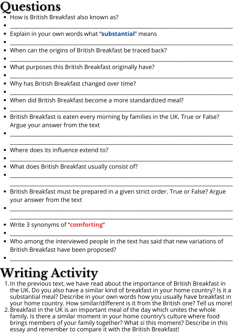 British breakfast follow-up: 12 comprehension questions and two essay prompts comparing food traditions.