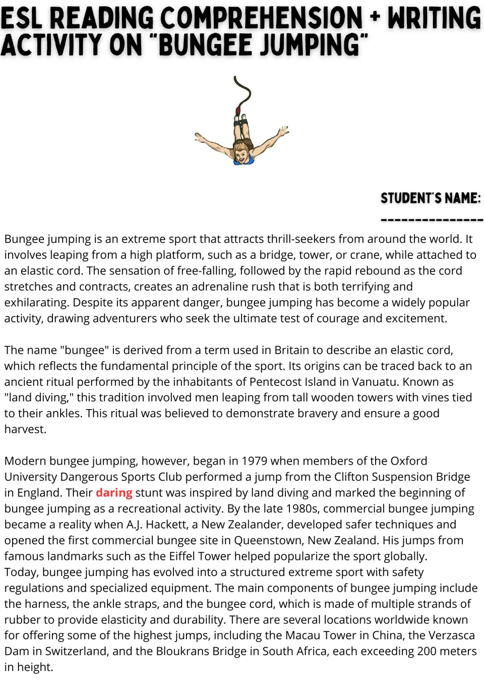 Bungee jumping reading passage, part 1: students read about Vanuatu land diving, the 1979 Oxford jump and A.J. Hackett