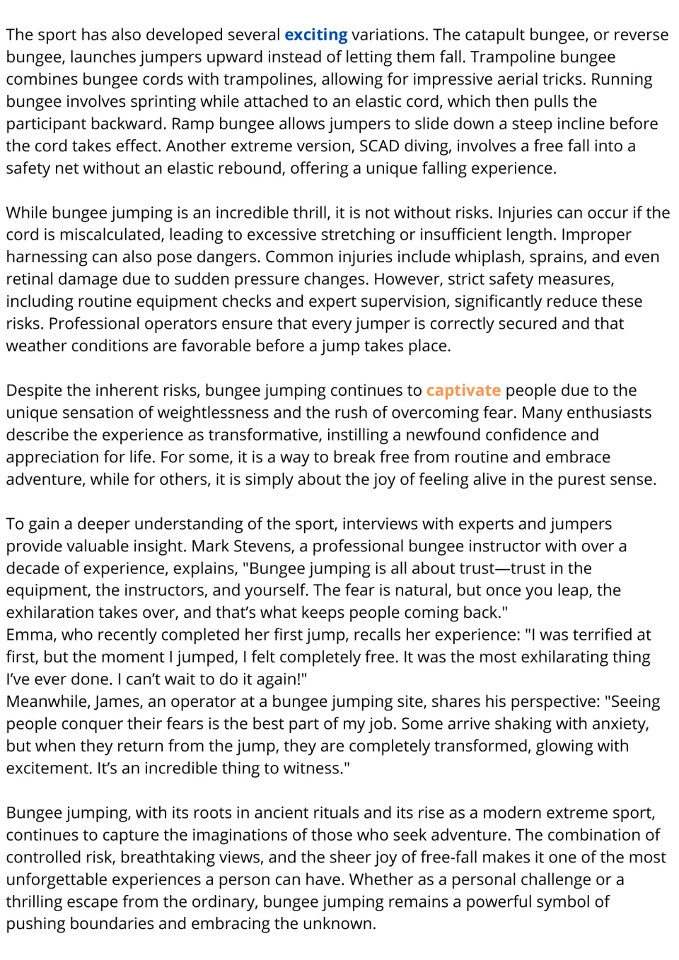 Bungee jumping passage, part 2: students read about catapult and SCAD variations, injury risks and quotes from jumpers