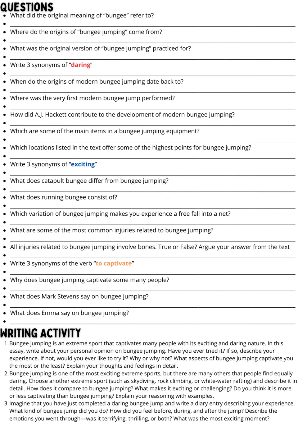 Bungee text questions: students answer 19 comprehension and synonym items, then a writing activity with 3 prompts
