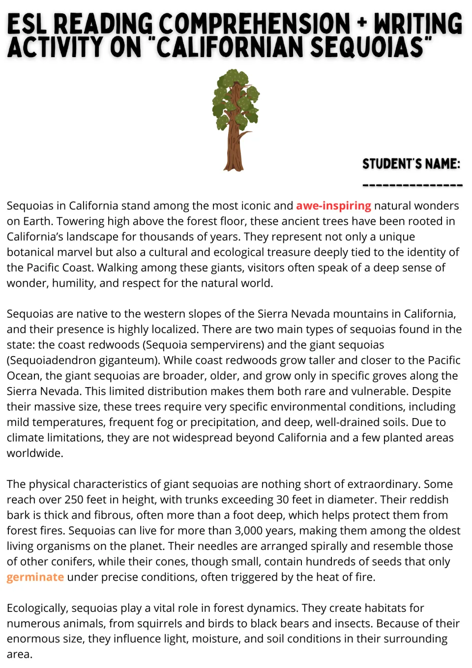 Reading passage opening on California sequoias: habitats, tree types, size, lifespan, and forest ecology.