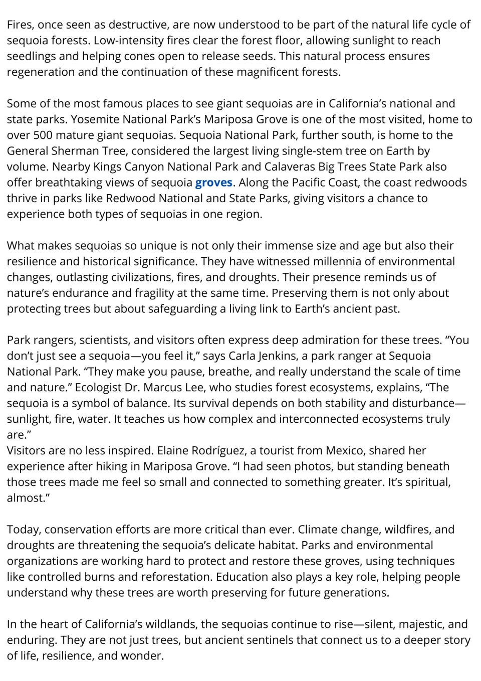 Reading passage continuation on sequoias: fire, famous groves, visitor experiences, and conservation.