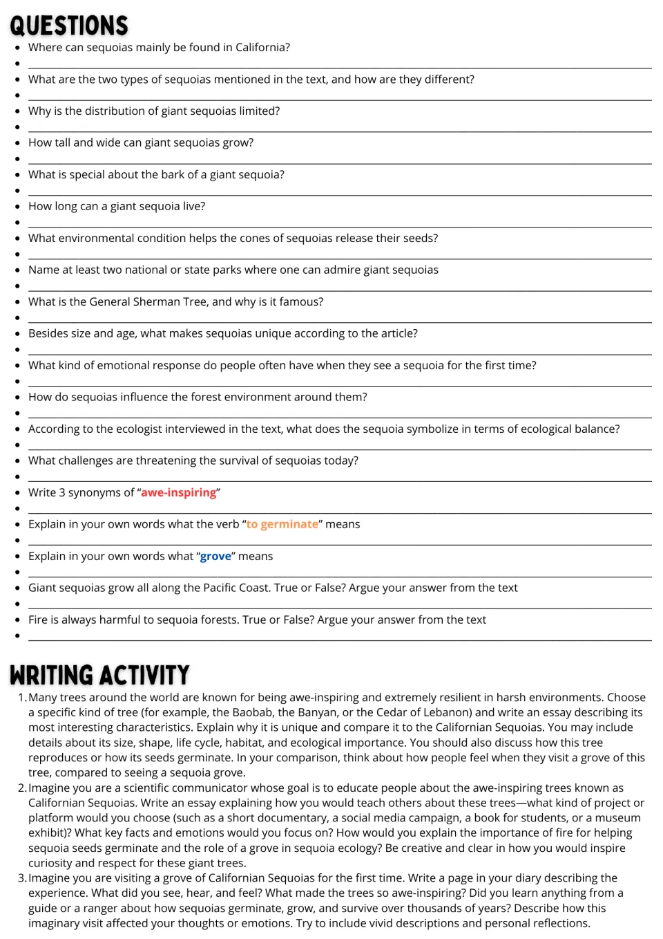 Reading follow-up: 19 comprehension and vocabulary questions plus three writing prompts about sequoias.
