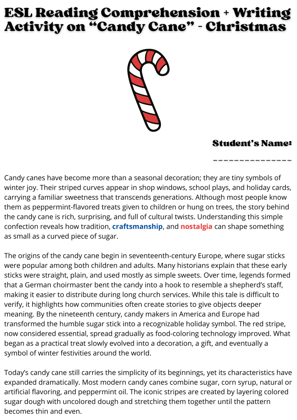 Opening reading passage on candy cane origins, the shepherd's staff legend, ingredients, and striped sugar dough.
