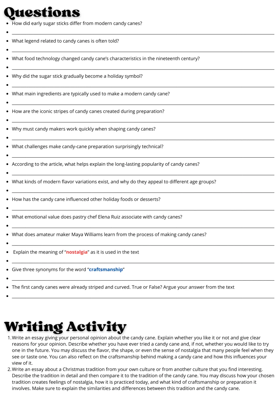 Response page with 16 candy cane comprehension questions and two essay prompts on opinions and traditions.