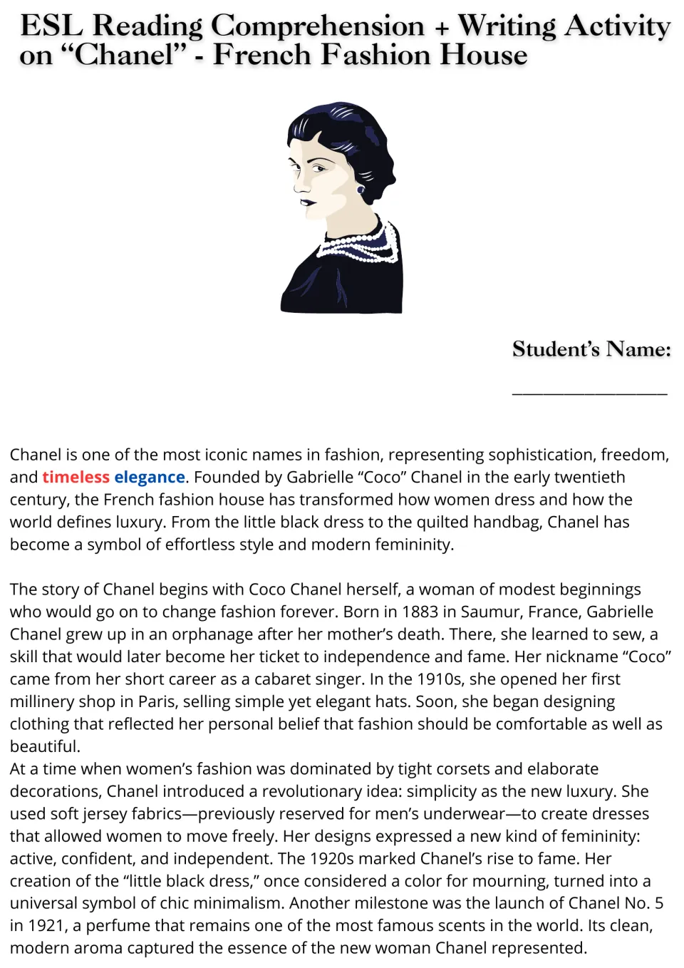 Reading passage, part 1: Coco Chanel's early life, first hat shop, little black dress, and Chanel No. 5.