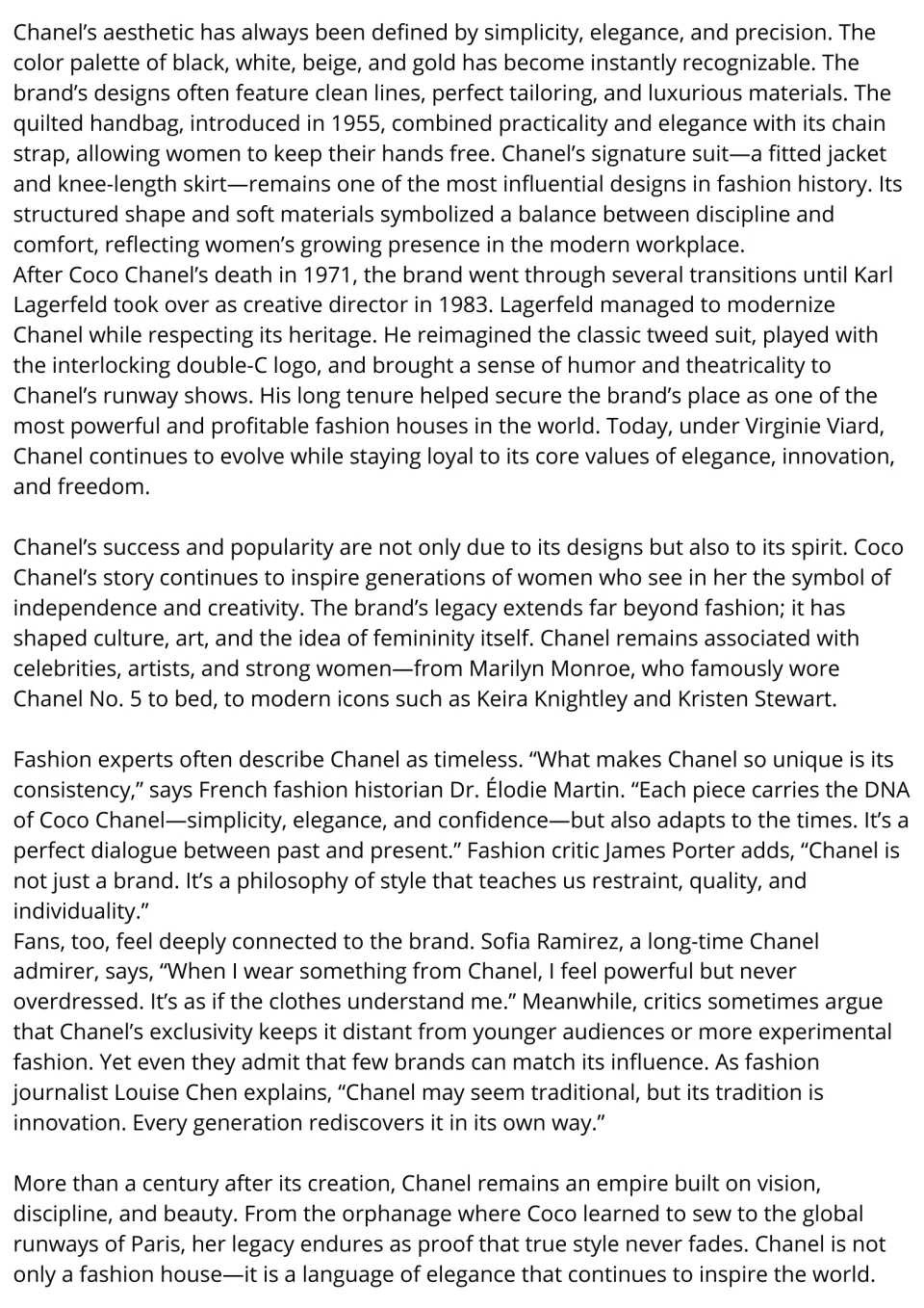 Reading passage, part 2: Chanel's signature style, Karl Lagerfeld, cultural influence, and brand legacy.