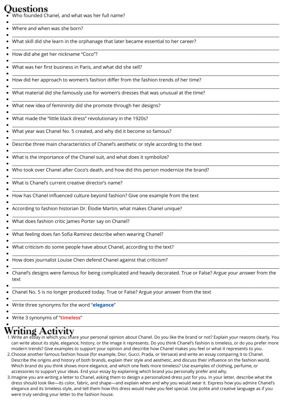 Chanel reading follow-up: 24 comprehension and vocabulary questions plus three essay and letter prompts.