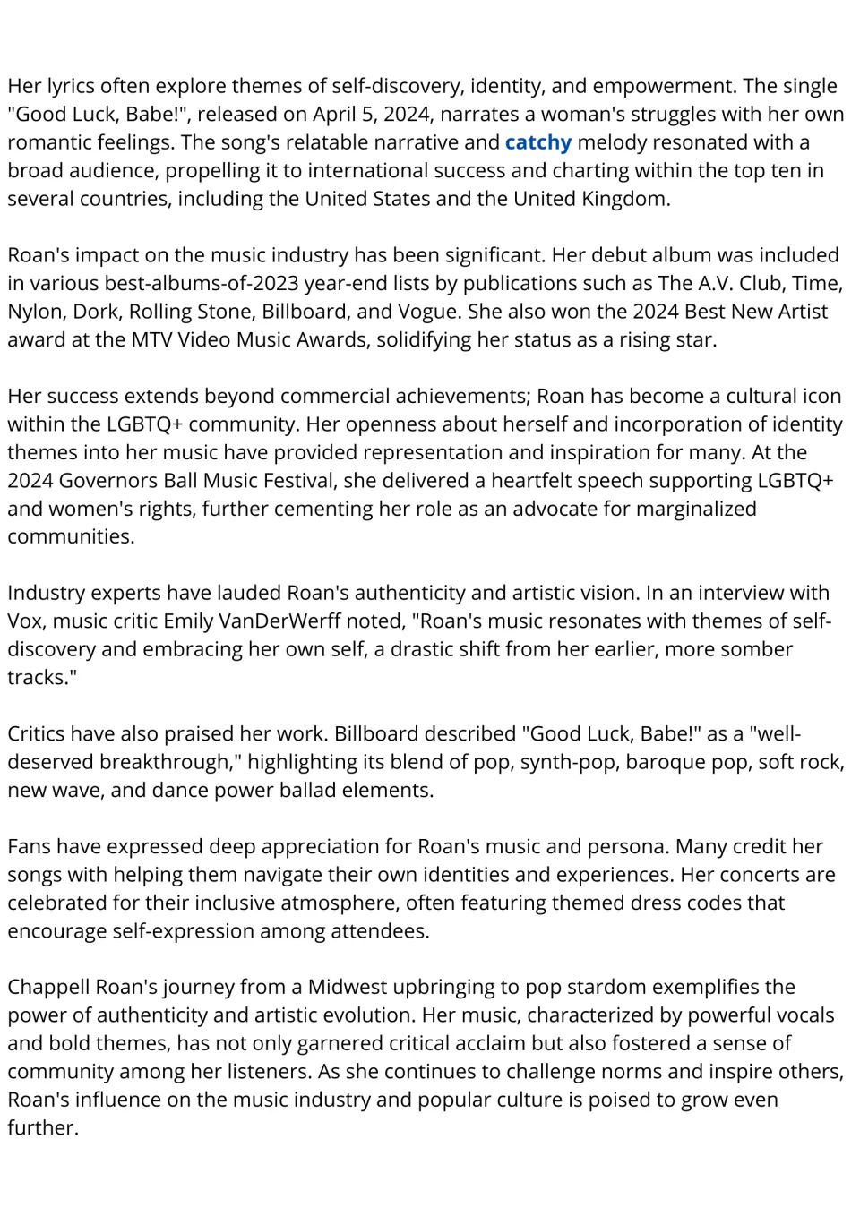 ESL reading passage, part 2: Chappell Roan's song themes, Good Luck, Babe!, awards, advocacy, and fan support.