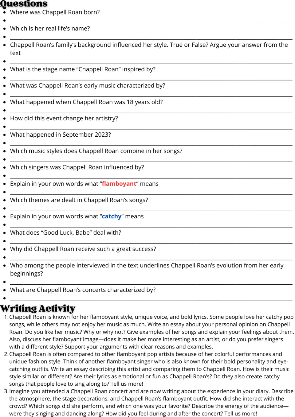 Chappell Roan reading follow-up: 17 comprehension questions and three writing prompts, including a concert diary.