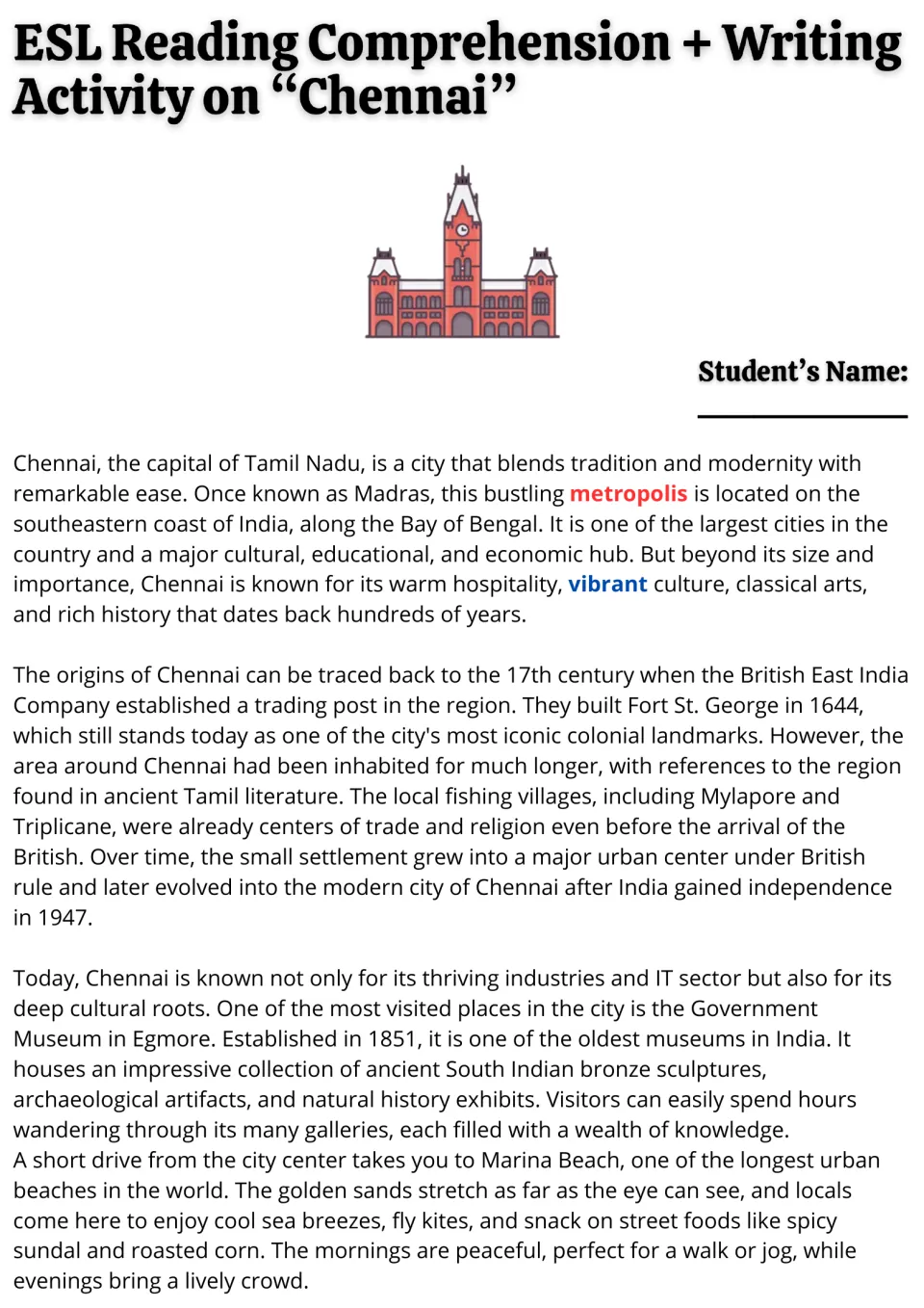 ESL reading passage on Chennai, part 1: location, history, the Government Museum, and Marina Beach.