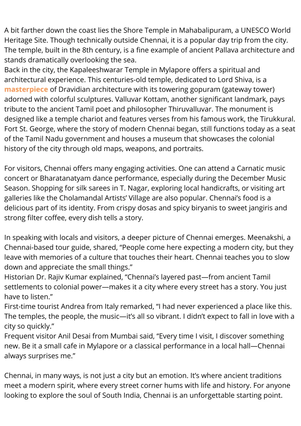 Chennai reading passage, part 2: temples, cultural activities, food, and local and visitor perspectives.