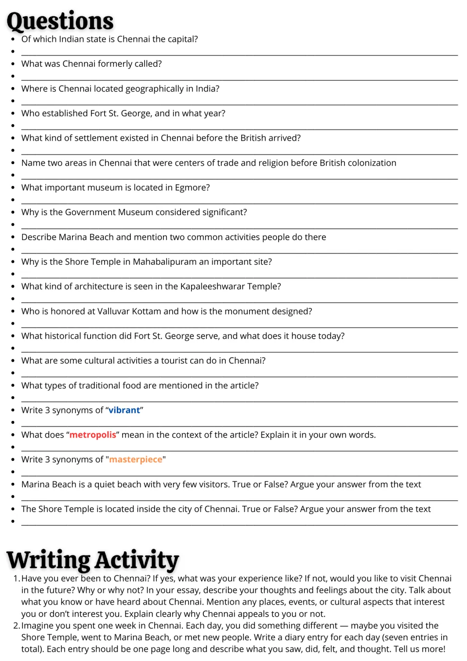 Chennai follow-up: 20 comprehension and vocabulary questions plus essay and seven-day diary writing prompts.