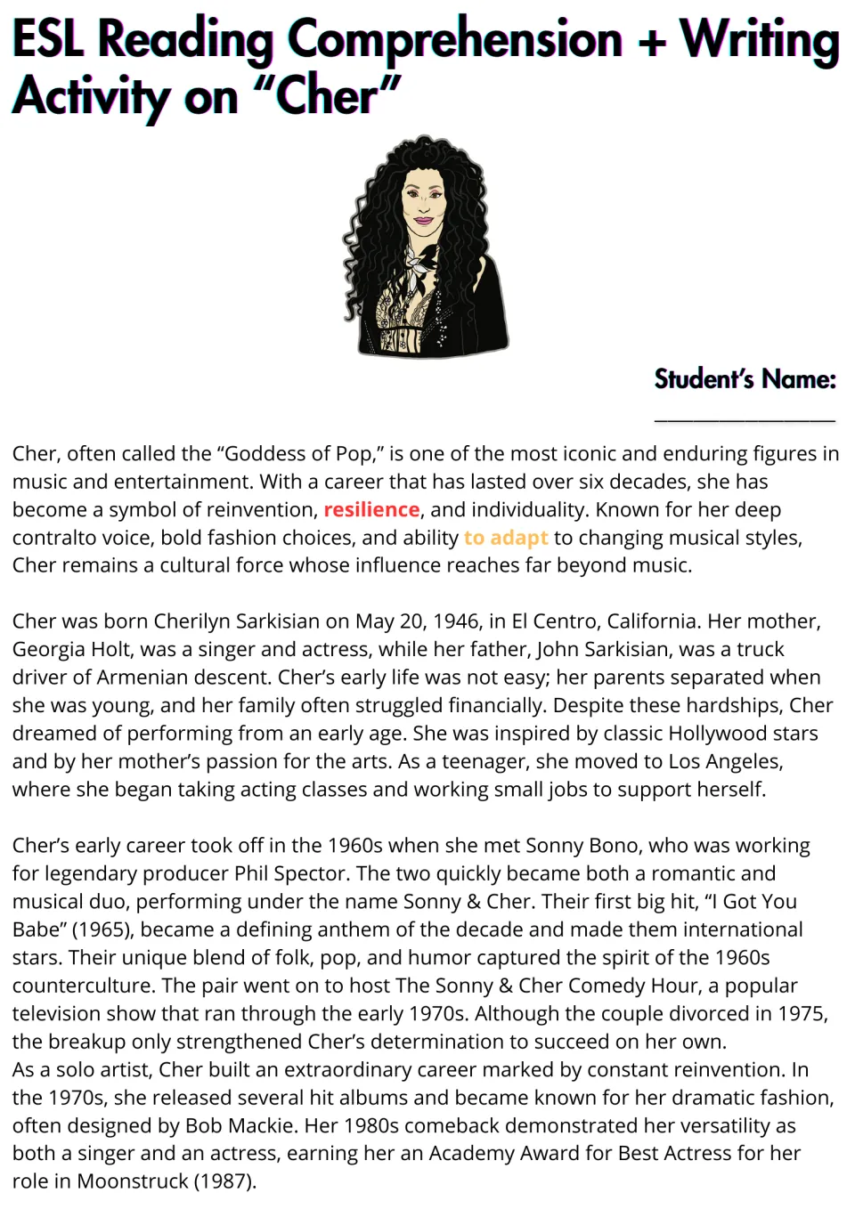 Cher biography reading, part 1: students read about her childhood, Sonny & Cher fame and Academy Award for Moonstruck