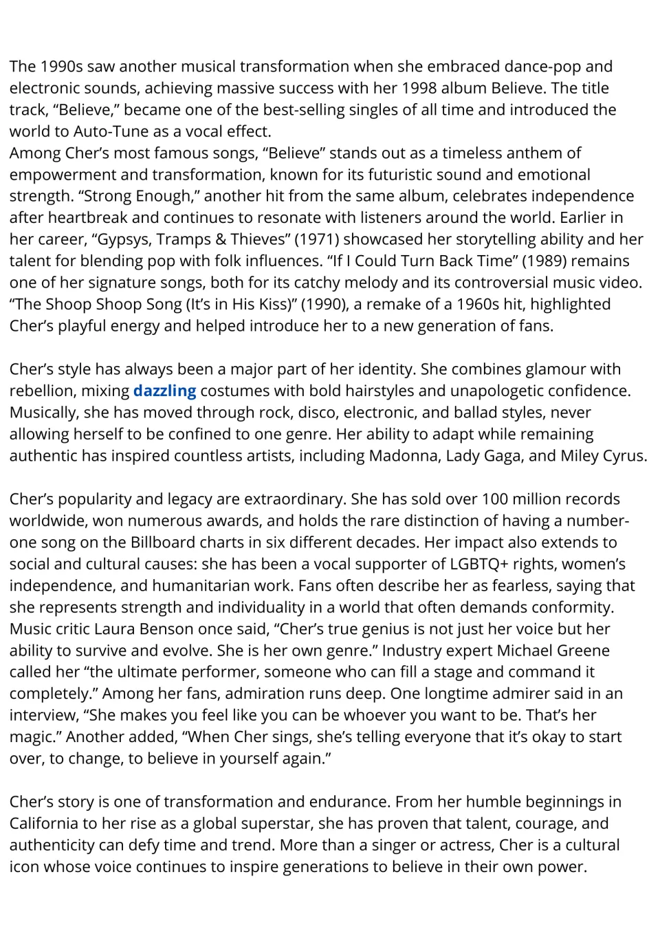 Cher biography reading, part 2: students read about Believe, her famous songs, style, record sales and legacy