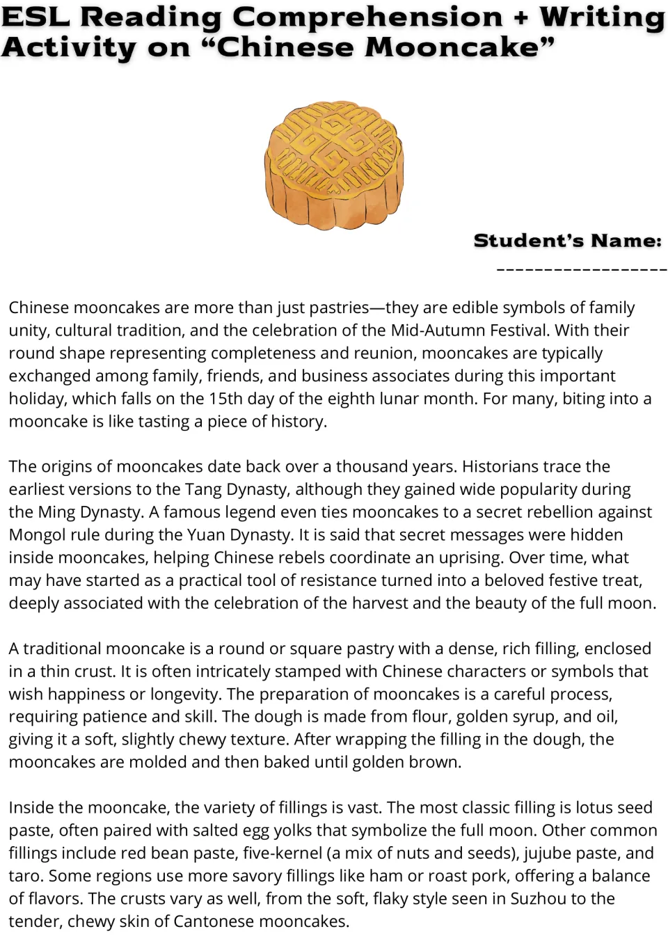 Reading passage part 1: Chinese mooncake symbolism, history, dough preparation, and traditional fillings.
