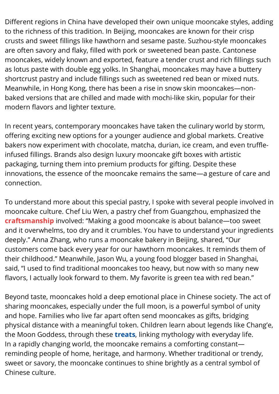Reading passage part 2: regional mooncake styles, modern fillings, interviews, and cultural significance.